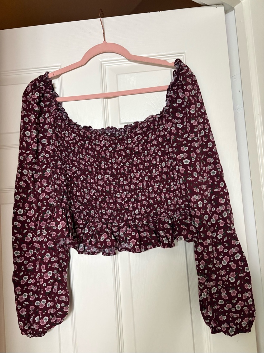 Free People Burgundy Floral Smocked Peasant Crop Top